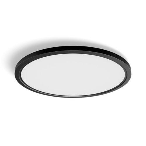 Tento Hue slim round ceiling light, black color, flat circular shape with matte finish and smooth white diffuser panel.