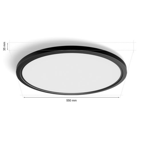 Slim round black ceiling light with matte finish, white diffuser, 550 mm diameter, 35 mm height marked on the image.
