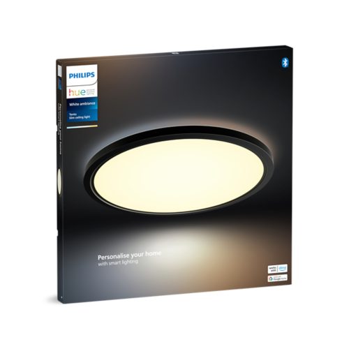 Box displaying a round slim ceiling light with white illumination, text reads Personalise your home with smart lighting.