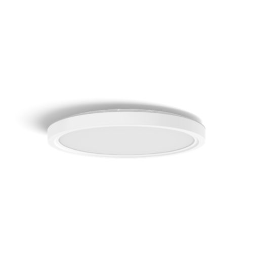 Black ceiling spotlight fixture, a collection of white smart bulbs, and a white wireless remote switch are visible.