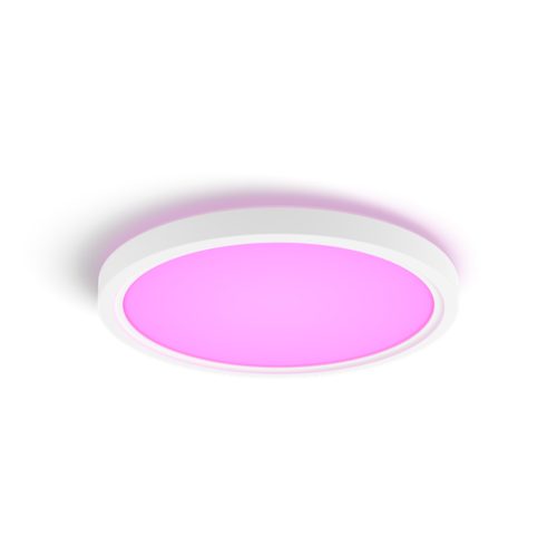 Tento slim round ceiling light, white frame, emitting pink light, compact design with a matte finish, no visible switches or ports.