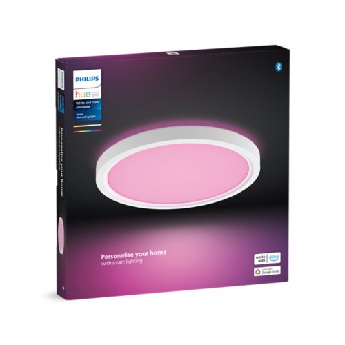 Product packaging showing a round slim ceiling light with a pink illuminated surface and text Personalise your home with smart lighting.