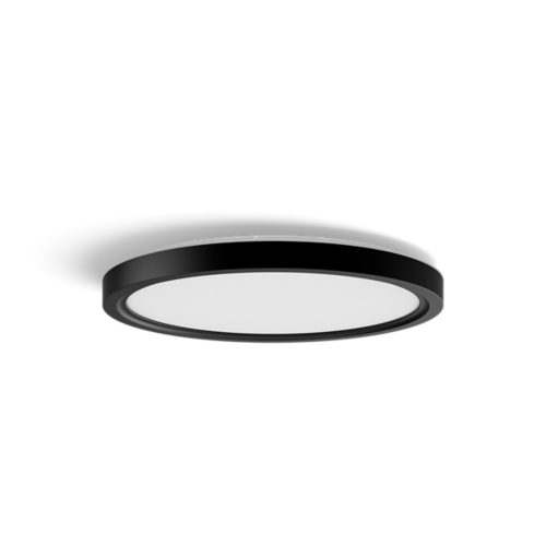 Slim round ceiling light with a matte black finish and white diffuser, showing a compact design with no visible switches or ports.
