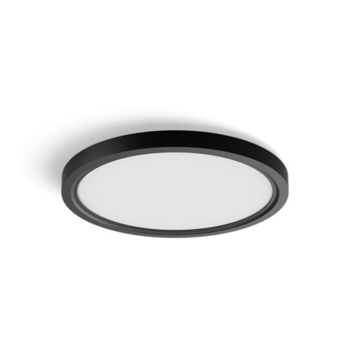 Round slim ceiling light, black frame with matte finish, flat profile, no visible switches or ports, opaque white diffuser.