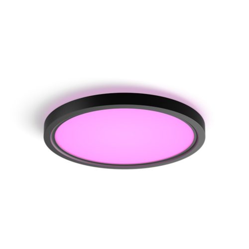 Slim round ceiling light, black frame, compact design, with a pink illuminated surface and matte finish, no visible switches or ports.