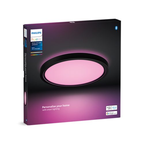 Product packaging showing a slim ceiling light emitting pink light, with text Personalise your home with smart lighting.