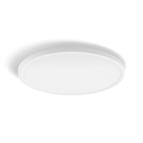 Slim round white ceiling light with a matte finish, compact design, no visible switches or ports, viewed from below.