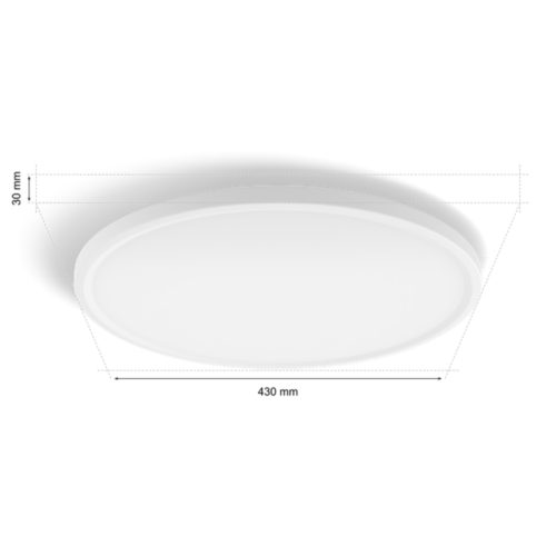 Tento Hue slim round ceiling light in white with matte finish, compact design, labeled dimensions of 430 mm width and 30 mm height.