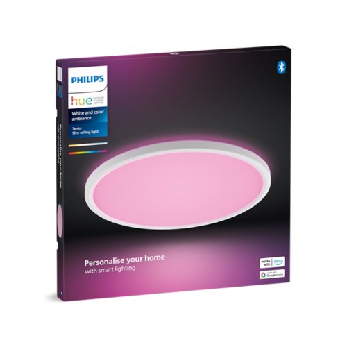 Product packaging for a slim ceiling light with a round design emitting pink light, featuring text and smart home compatibility logos.