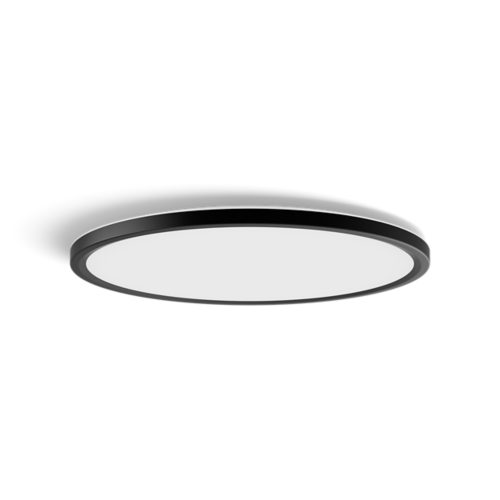 Slim round ceiling light, black finish, flat shape, with smooth white diffuser and compact profile, no visible switches or ports.