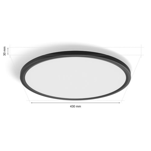Slim round black ceiling light with matte finish, featuring a white diffuser and dimensions labeled 30 mm height and 430 mm diameter.