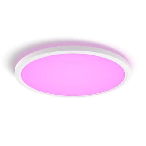 Slim round ceiling light with a white matte finish, emitting a pink glow, showing a compact design with no visible switches or ports.