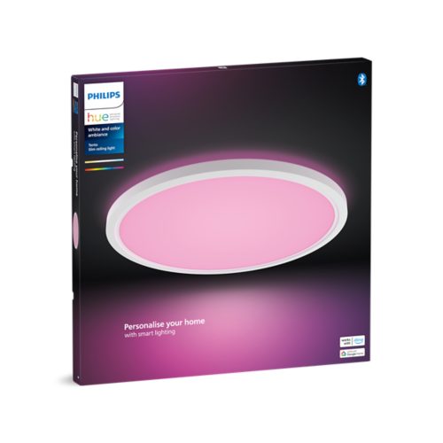 Product packaging showing a slim round ceiling light emitting pink light, with text Personalise your home with smart lighting.