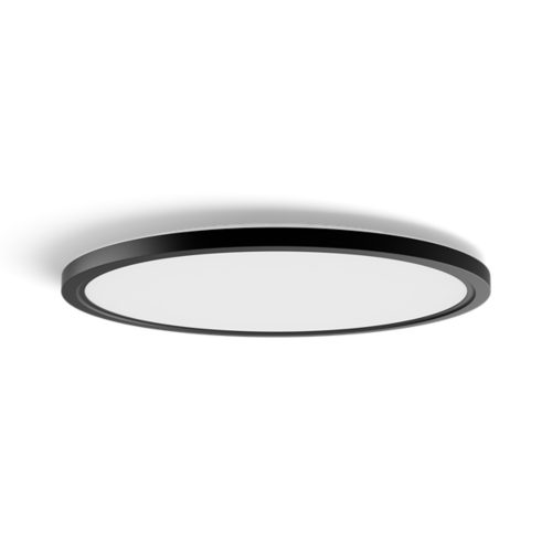 Slim round ceiling light, black frame with matte finish, flat compact shape, no visible switches or ports, white diffuser center.