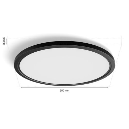 Slim round black ceiling light with matte finish, measuring 550 mm in diameter and 35 mm in height, no visible switches or ports.