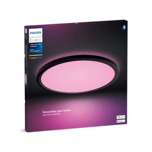 Product packaging showing a slim ceiling light with a pink glow and text reading Personalise your home with smart lighting.