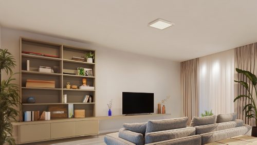 Square white ceiling panel light centrally mounted, illuminating a living room with shelving, television, and neutral furnishings.