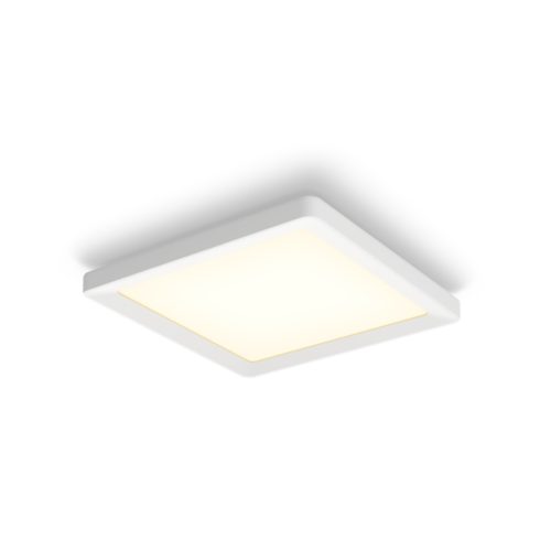 Slim square ceiling light in white with a matte finish, featuring a compact design and illuminated central panel.