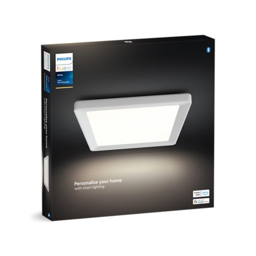 Square white ceiling light on product packaging, with text Personalise your home with smart lighting and compatibility icons.