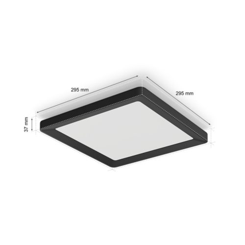 Square slim ceiling light, black frame with matte finish, compact design, visible dimensions labeled as 295 mm by 295 mm by 37 mm.