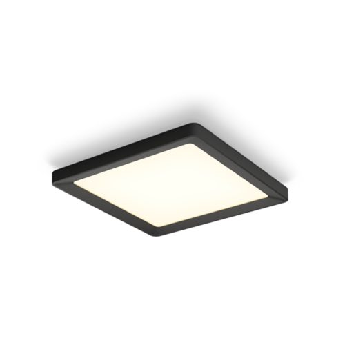 Square slim ceiling light, black frame, matte finish, compact design, white illuminated panel, no visible switches or ports.