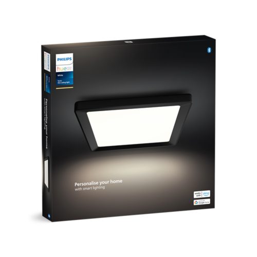 Product packaging showing a rectangular ceiling light with black frame and text Personalise your home with smart lighting.