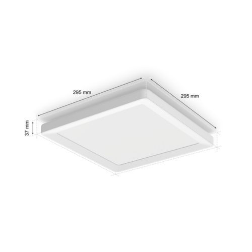 Slim square ceiling light, white color, compact shape, matte finish, dimensions shown as 295 mm by 295 mm by 37 mm.