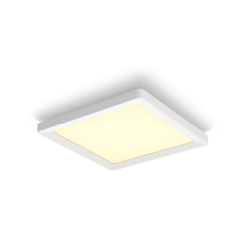 Square white slim ceiling light with a matte finish, featuring a flat panel design and softly illuminated surface.
