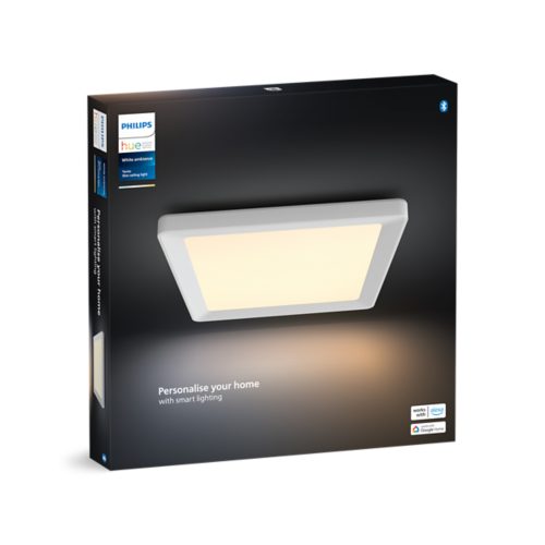 Product packaging featuring a square white ceiling light with illuminated panel, text reads Personalise your home with smart lighting.