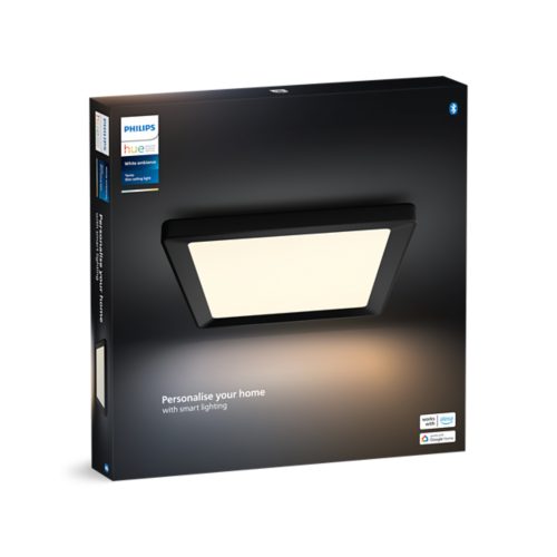 A rectangular ceiling light with a black frame is shown on product packaging with the text Personalise your home with smart lighting.