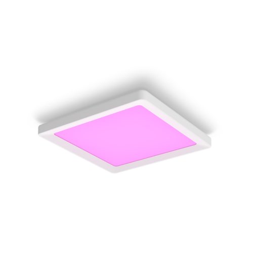 Square slim ceiling light, white frame with matte finish, emitting pink illumination, compact design, no visible switches or ports.