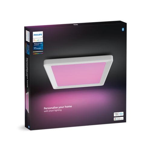 Product packaging showing a rectangular ceiling light with a pink illuminated panel, text reads Personalise your home with smart lighting.