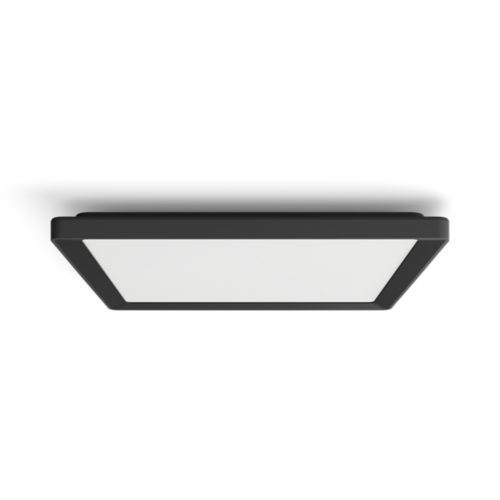 Slim square ceiling light, black frame with matte finish, flat design, white diffuser panel, no visible switches or ports.