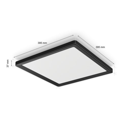 Tento Hue WA slim square ceiling light in black finish, compact shape, dimensions labeled as 395 mm by 395 mm by 37 mm.