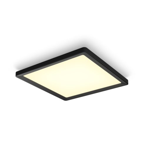Slim square ceiling light, black frame, white illuminated panel, compact design, matte finish, no visible switches or ports.
