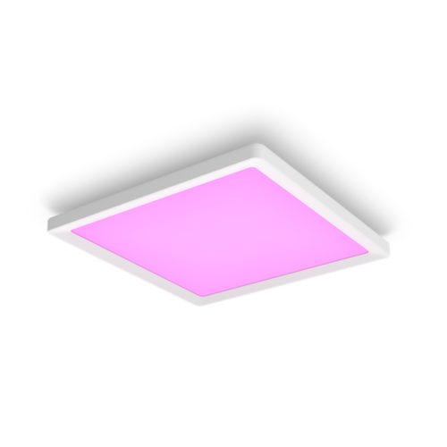 Slim square ceiling light, white frame, emitting pink light, matte finish, compact design, no visible switches or ports.