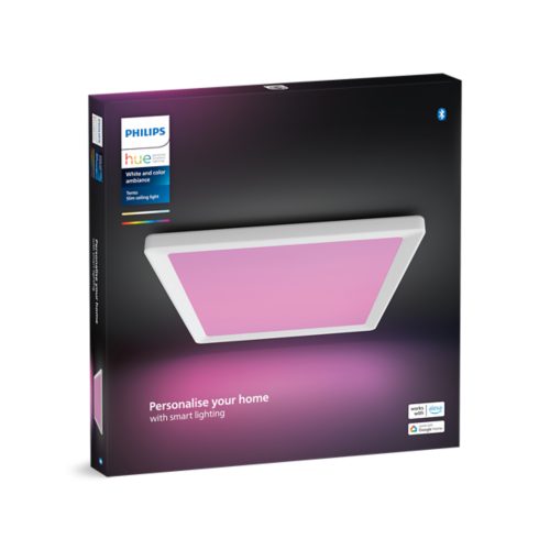 Product packaging showing a slim ceiling light with a pink illuminated panel and text reading Personalise your home with smart lighting.