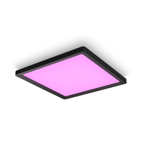 Slim square ceiling light with black matte frame, emitting pink illumination, compact design, no visible switches or ports.