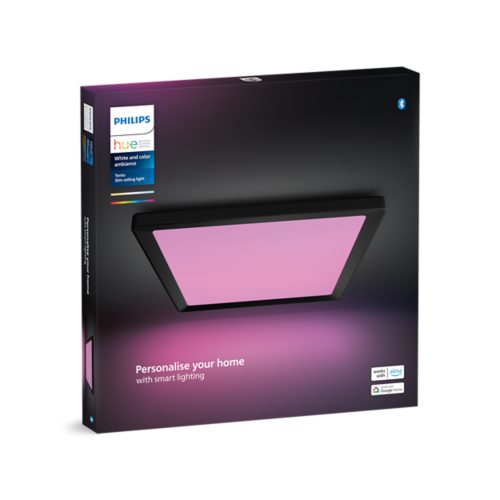 Product packaging showing a rectangular slim ceiling light with a pink illuminated panel and text Personalise your home with smart lighting.