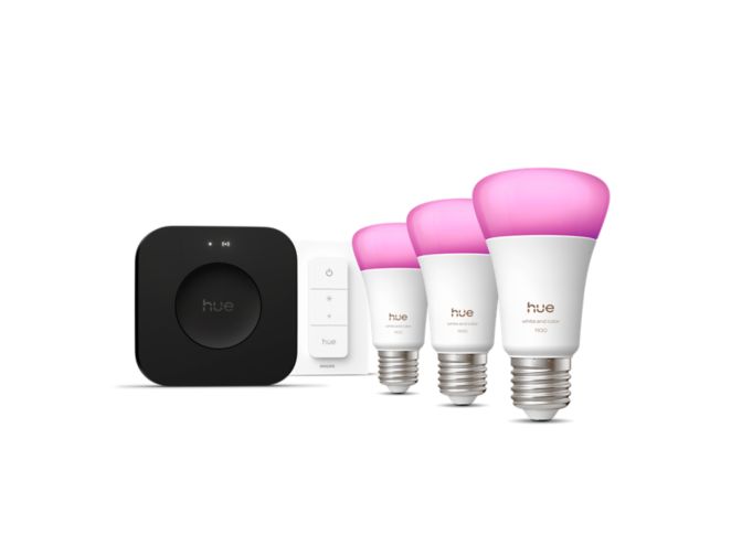 Primo piano della parte anteriore di Starter kit: 3 lampadine intelligenti E27 + Dimmer +Hue Bridge Pro