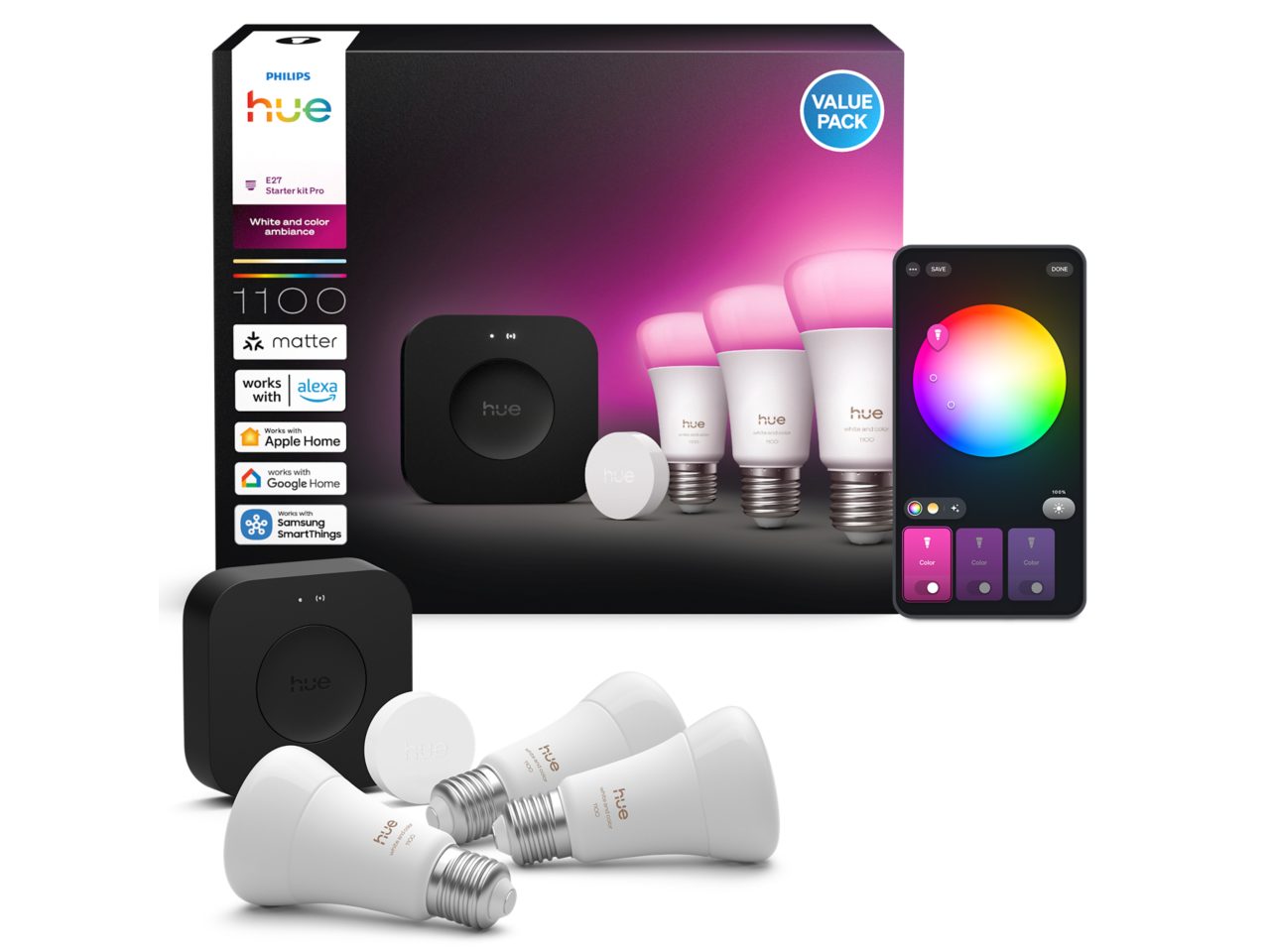 3 A60 Coloured Bulbs E27 + Smart Button + Bridge Pro