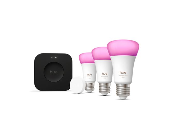Close up of front of Starter kit: 3 E27 bulbs + Smart button + Bridge Pro