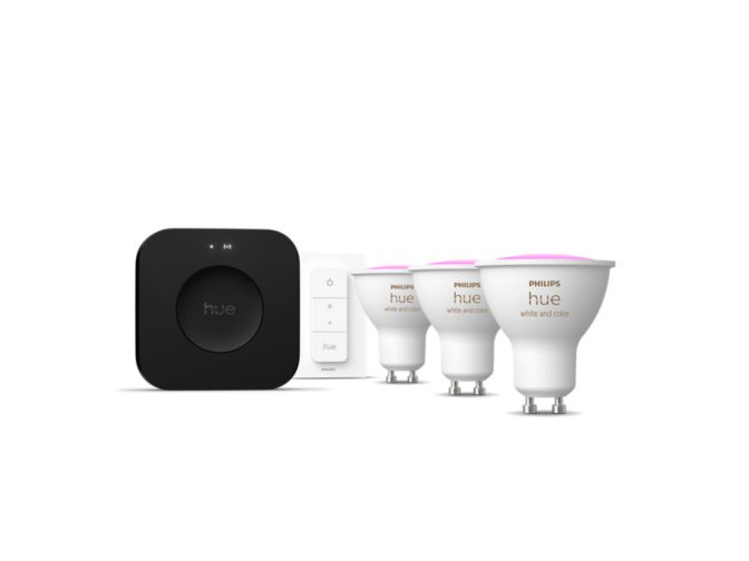 Primo piano della parte anteriore di Starter kit: 3 lampadine GU10 + Dimmer + Hue Bridge Pro