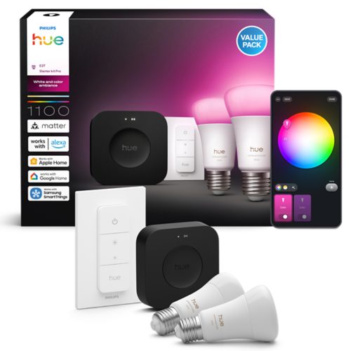 Philips Hueフルカラー　スターターセット A60とDimmerスイッチ 2 x A60 farvepærer E27 + Dimmer switch + Bridge Pro | Philips Hue DK