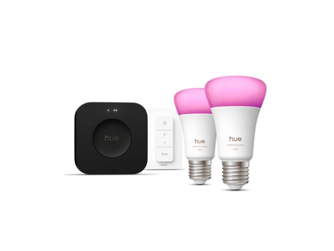 Close up of front of Starter kit: 2 E27 smart bulbs + Dimmer switch + Bridge Pro