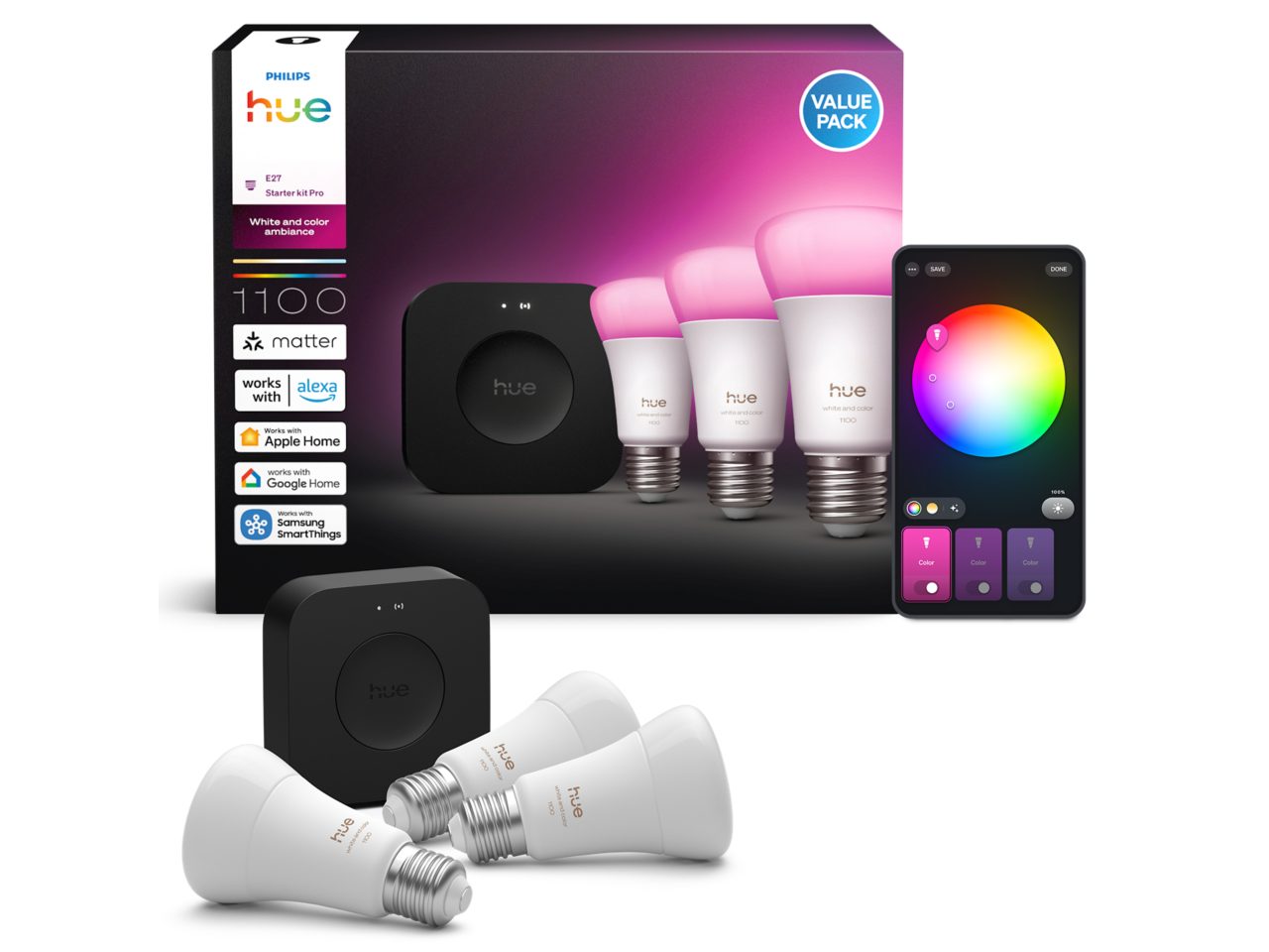 3 A60 colored LED Bulbs E27 + Bridge Pro | Philips Hue NZ