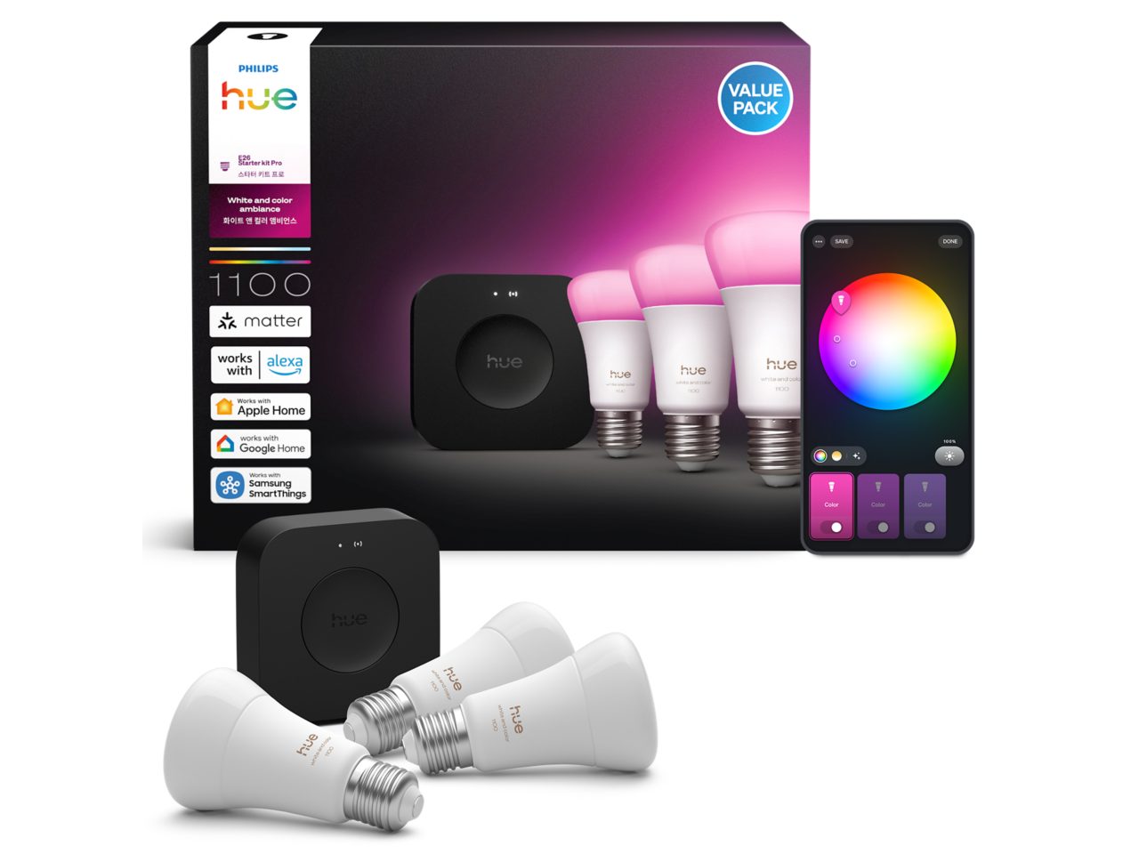 Philips Hue Starter Kit A60 電球 3個 A60 컬러 LED 전구 3개 E26 + Bridge Pro | Philips Hue KR