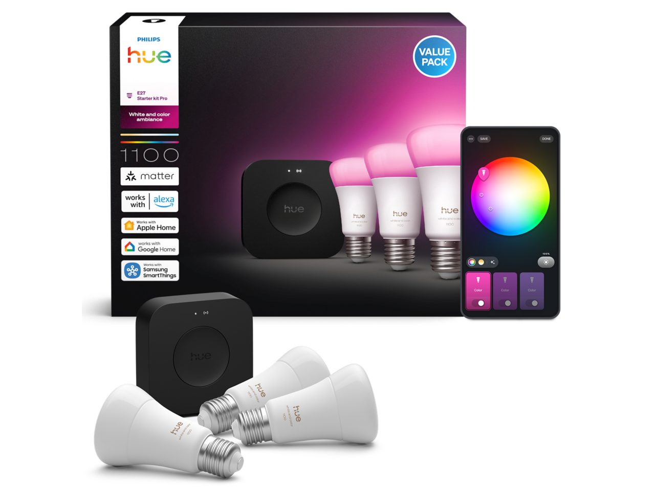 3 A60 colored LED Bulbs E27 + Bridge Pro | Philips Hue SG