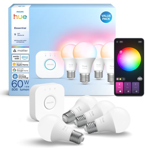 Hue White and Color Ambiance Kit de démarrage Essential : 4 ampoules connectées E27 (806 lm) | Philips Hue FR