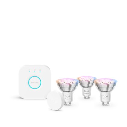 Close up of front of Essential starter kit: 3 GU10 smart bulbs (345 lm) + smart button